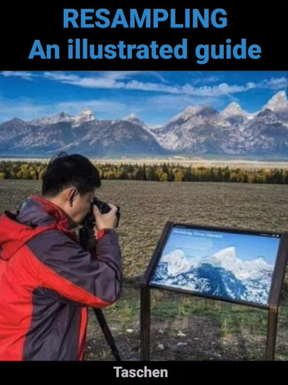 Mock cover of book 
On the cover, a photographic image depicts a tourist who is visiting a scenic mountain area. He is standing in front of an information display that shows a picture of snow topped mountains. In the background behind the sign are the actual snow-topped mountains. The man is absorbed in photographing the sign and ignoring the real mountains.
The book is entitled 