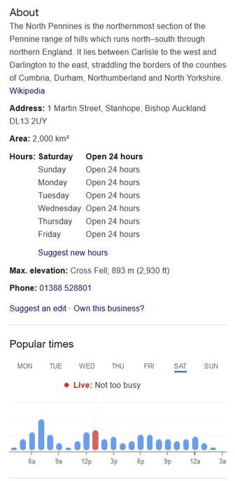 Screensnip from Google with an explanation of the North Pennines, including when it's open and an address.