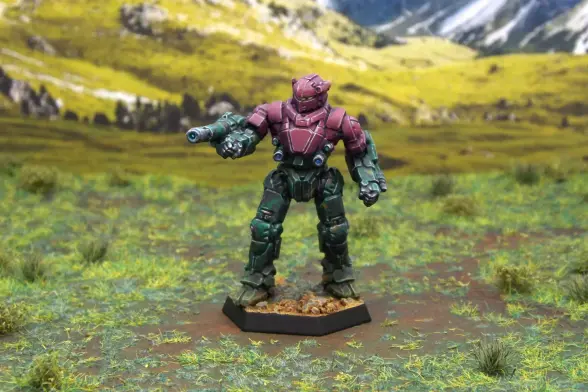 A painted miniature of a Black Knight 'Mech.  Its upper body is purple, and its limbs are dark green camo.  It has no emblems or other markings.  The miniature is photographed on grassy terrain.