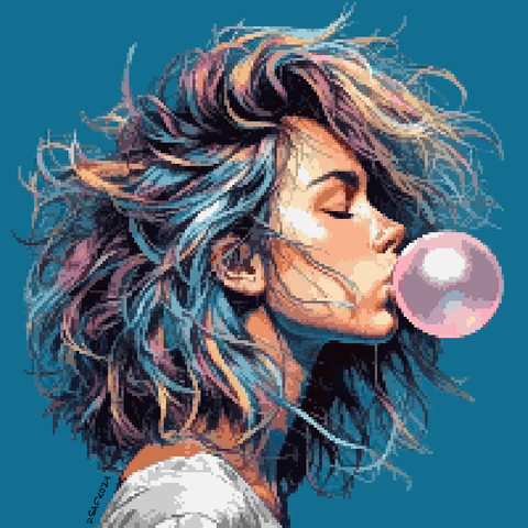 A girl blowing bubble gum (pixel art image)