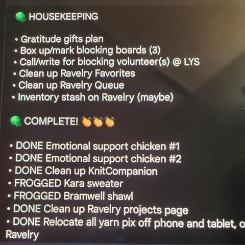 The second part of list which has categories Housekeeping and Completed - completed items are marked either FROGGED or DONE - A surprising amount of electronic organization was in order