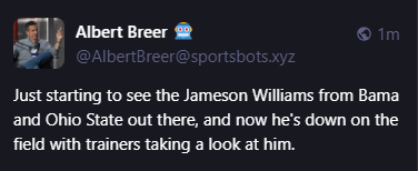 Albert Breer 🤖
@AlbertBreer@sportsbots.xyz
Just starting to see the Jameson Williams from Bama and Ohio State out there, and now he's down on the field with trainers taking a look at him.