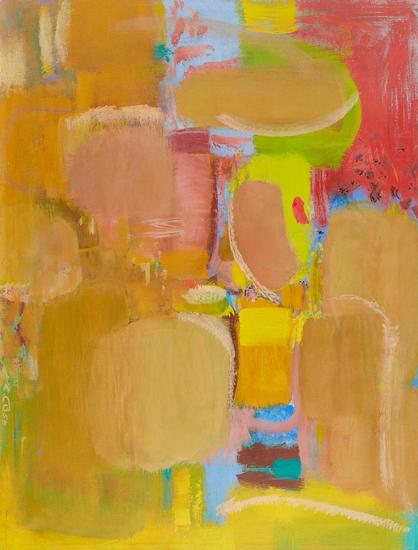 Abstract expressionist painting in yellow and beige with details of light blue and red