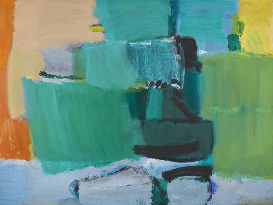 Abstract expressionist painting in teal, ice blue, and green shades with some beige and yellow in the background