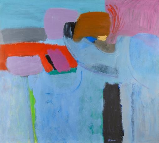 Abstract expressionist painting of pink, orange, grey, and brown shapes on a field of ice blue