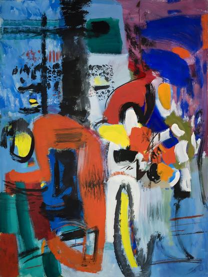 Abstract expressionist painting of various jumbled shapes in bold colors including orange, yellow, white, and deep blue