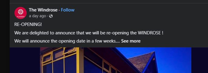facebook announcement of the impending re-opening of The Windrose restaurant in Carrickfergus