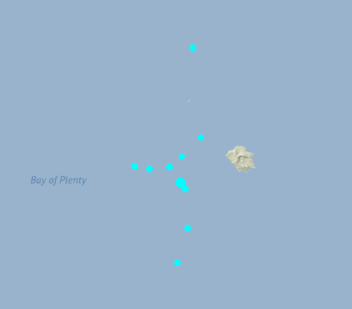 Maps showing a swarm of small earthquakes in the vicinity of Whakaari / White Island over the last couple of hours.