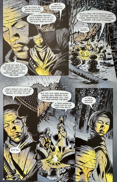 A comic book page showing a medieval Japanese couple preparing for the arrival of the villain Razorback