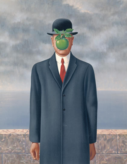 Classic Magritte painting The Son of Man, featuring a man with an apple in front of his face.