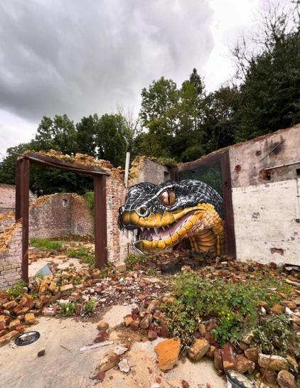 Streetartwall. The mural of a green snake head with 3D effect was sprayed/ painted on the corner of the detached walls of a demolished house. The scaly yellow and black snake appears to be writhing out of a (non-existent) window in the corner of the house, and with its slightly open mouth and pointed teeth, it doesn't exactly look friendly. A great effect, painted with sophisticated perspective distortion and only visible from a certain angle.
