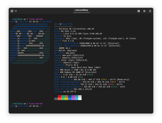 Fastfetch output of a system running a custom Universal Blue image named Zeliblue. Of note is that the system us using the fsync Linux kernel.