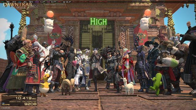 Results of running the Final Fantasy XIV Dawntrail benchmark on the High (Desktop) preset at 1440p, with the LAVD scheduler. The PC is using a Ryzen 7 1700 CPU, and an RX 6600XT GPU. The benchmark score was 9208 with a total loading time of 10.419 seconds.