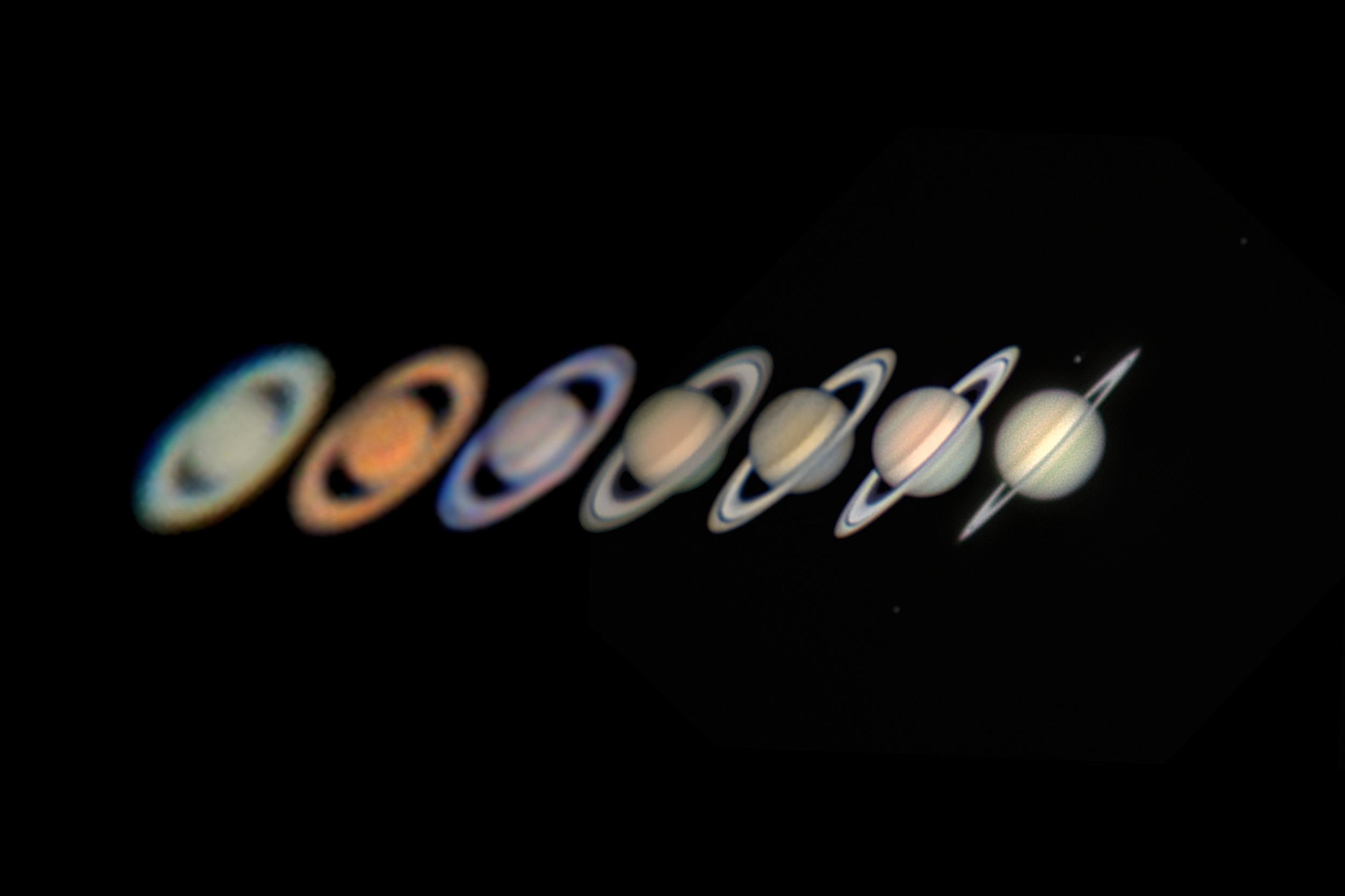 7 telescopic views of Saturn arranged in a horizontal line. All Saturns are tilted approximately 45° (the planet's north pole 'pointing' off to the top left). Left most images fuzzier, and with the rings more open, as the images progress to the right they get sharper, and the rings become more and more 'edge on'.  