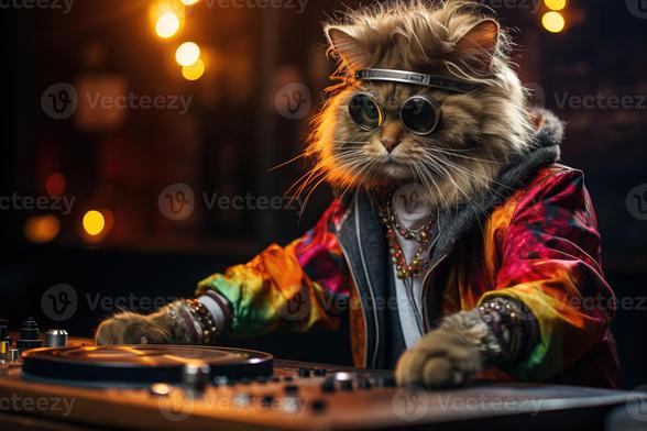 cat music
ai generated cute fluffy cat dj in a bright jacket and round sunglasses plays music on a mixing console at a rave party photo