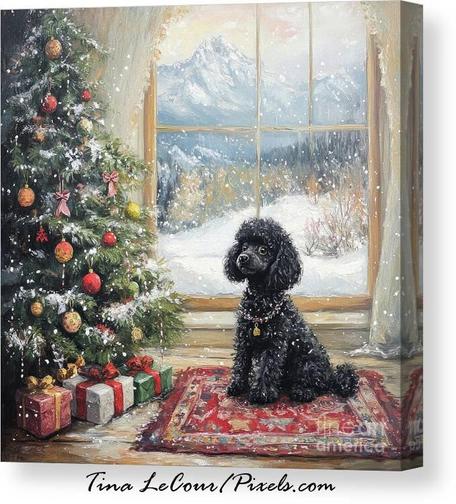 This is a canvas of an adorable black poodle named Coco who's sitting in a rug in front of a Christmas tree with presents under the tree patiently waiting for everyone to awakened to open gifts, he's sitting in front of a picture window with a snow covered mountain view. 