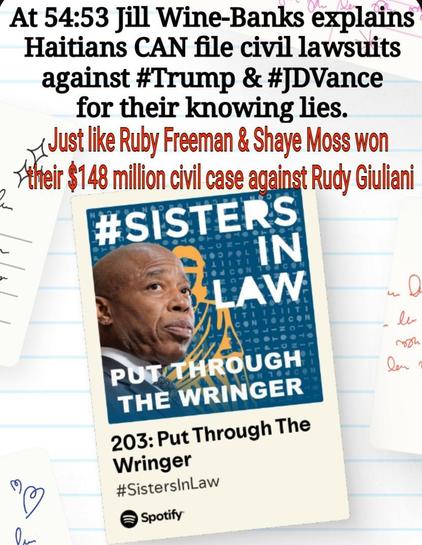 Yes! #Haitians CAN file civil lawsuits against #Trump & #JDVance for their knowing liesM
@JillWineBanks@ohai.social explains that Haitians CAN file civil lawsuits against #Trump & #JDVance for their knowing lies.
Vance isn't as protected as he thinks he is. I hope cases are filed b4 #VPDebate link to audio  https://open.spotify.com/episode/6Fi7RVyuRHNLGBi8D5r2lA?si=hp0BatRISKS2Wa_eop4YSw&nd=1&dlsi=8a210a43709a4d6e