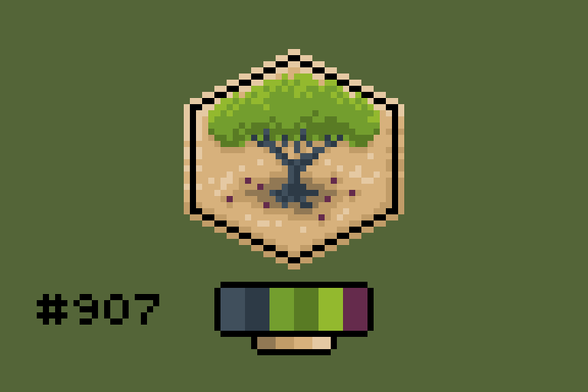 Pixel art of a fig tree in the desert. A wide canopy casts a small shadow over some fallen figs.