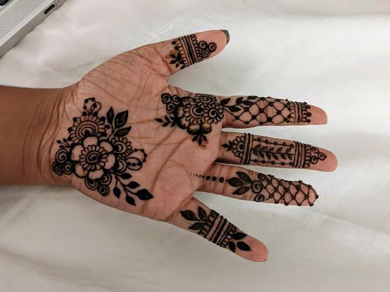 Palm and fingers of a hand with intricate henna designs