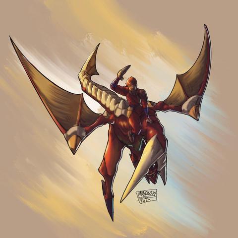 A fan art of Edge riding the Basic Wing.