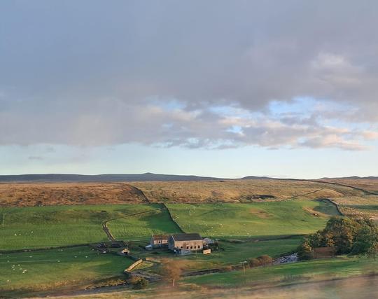 View from the passenger seat. A farmhouse in the middle of a beautiful landscape with dry stone walls, green fields and sheep.