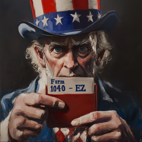 The image depicts a stern-looking Uncle Sam character, recognizable by his iconic red, white, and blue top hat adorned with white stars. He is holding up a booklet labeled 