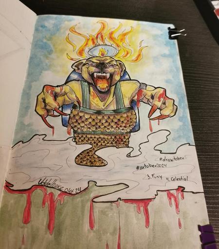 Traditional illustration in Sketchbook.
Done with ink and watercolor

Showing the ancient egyption lion goddess Sekhmet, who was sent by the gods to punish humans, but the blood sent her into a frenzy and she wouldn't stop.
The gods had to trick her in order to not extinguish humanity. 