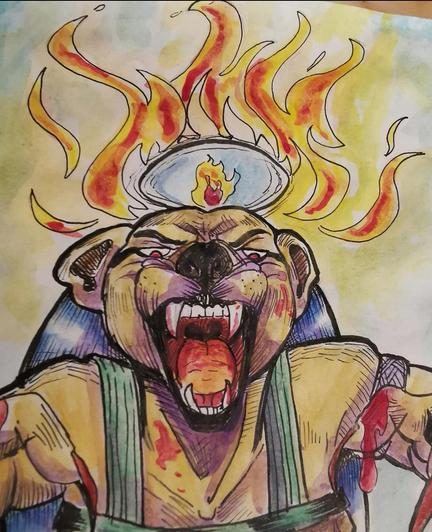 Traditional illustration in Sketchbook.
Done with ink and watercolor

Showing the ancient egyption lion goddess Sekhmet, who was sent by the gods to punish humans, but the blood sent her into a frenzy and she wouldn't stop.
The gods had to trick her in order to not extinguish humanity. 