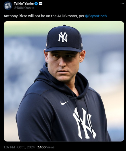 
Talkin' Yanks

@TalkinYanks
Anthony Rizzo will not be on the ALDS roster, per 
@BryanHoch