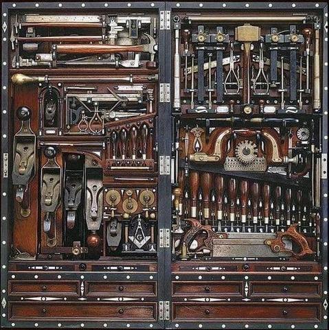 Henry O. Studley, a piano and organ maker from Quincy, Massachusetts, crafted this extraordinary tool chest in the late 19th century