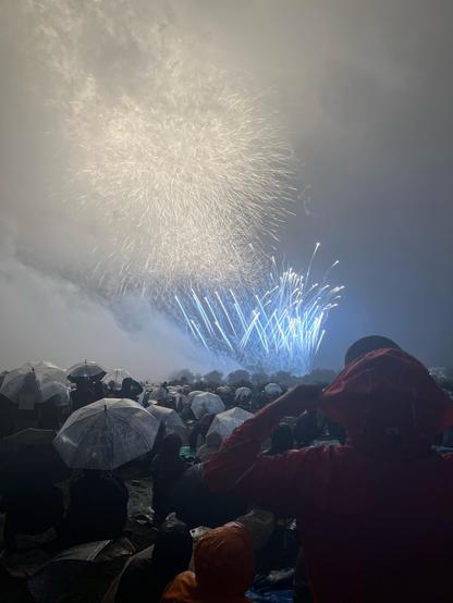 Blue streamers meet white streaks as fireworks light the sky above a sea of umbrellas. 