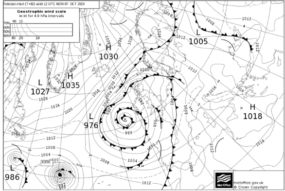 Mapa isobàric previst per a dilluns a les 12 UTC(MetOffice)