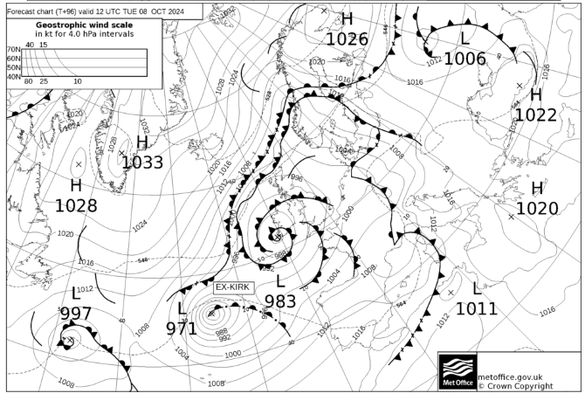 Mapa isobàric previst per a dimarts a les 12 UTC(MetOffice)