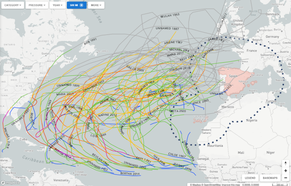 Trajectòries històriques d'huracans(NOAA)