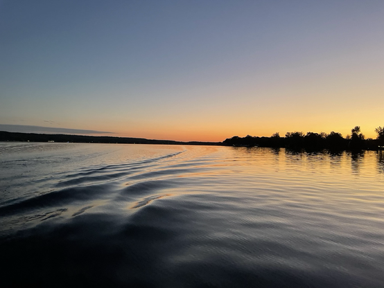 Ripples on dark water silhouetted by distant trees