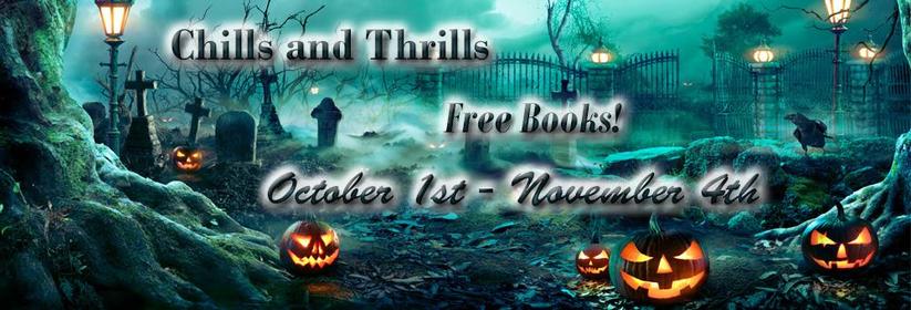 Chills and Thrills Free Books! October 1st - November 4th. An eerie, greenish tinted, lantern-lit graveyard with seven jack-o-lanterns grinning in the mist.