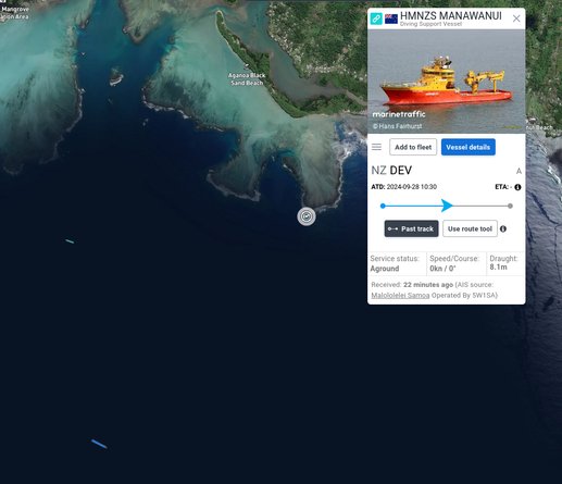 It is now 31 minutes since MarineTraffic.com received an updated position for the Royal New Zealand Navy ship HMNZS Manawanui which has run aground, issused mayday calls, fired flares, been seen listing, and been abandoned after running aground on a reef south of Upolu, Samoa, ahead of The Commonwealth Heads of Government meeting to be attended by King Charles later this month.