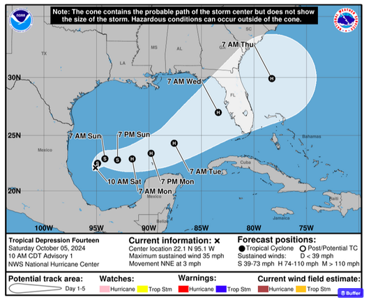 
Key Messages:
1.  The depression is forecast to quickly intensify while it moves 
eastward to northeastward across the Gulf of Mexico and be at or 
near major hurricane strength when it reaches the west coast of the Florida Peninsula mid week. 

2.  There is an increasing risk of life-threatening storm surge and 
wind impacts for portions of the west coast of the Florida 
Peninsula beginning late Tuesday or Wednesday. Residents in these areas should ensure they have their hurricane plan in place, follow any advice given by local officials, and check back for updates to the forecast. 

3.  Areas of heavy rainfall will impact portions of Florida Sunday 
and Monday well ahead of the tropical system, with heavy rainfall 
more directly related to the system expected by later Tuesday 
through Wednesday. This rainfall brings the risk of flash, urban, 
and areal flooding, along with minor to isolated moderate river 
flooding.
