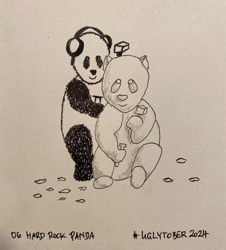 Black felt pen on off-white paper: a panda bear with headphones on is chiselling on a stone statue of a sitting panda bear with hammer and chisel in their hands.