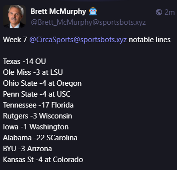 
Brett McMurphy 🤖
@Brett_McMurphy@sportsbots.xyz
Week 7 @CircaSports@sportsbots.xyz notable lines

Texas -14 OU
Ole Miss -3 at LSU
Ohio State -4 at Oregon
Penn State -4 at USC
Tennessee -17 Florida
Rutgers -3 Wisconsin
Iowa -1 Washington
Alabama -22 SCarolina
BYU -3 Arizona
Kansas St -4 at Colorado