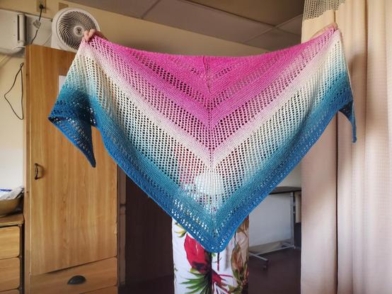 Pink, white and blue fade Reyna shawl held up