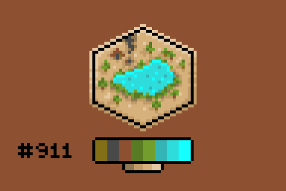 Pixel art of a desert oasis, ringed with green vegetation and small trees. Next to the oasis there's a smoking campfire and a small building.