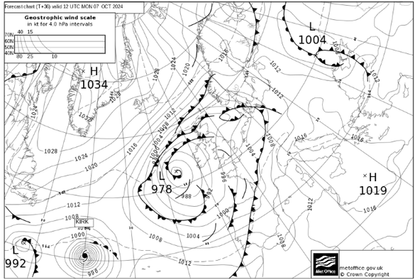 Mapa isobàric previst per a dilluns a les 12 UTC(MetOffice)