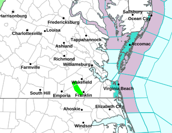 Monday weather hazards are confined to a spot of localized flooding near Franklin. The usual beach advisories are in effect for rip currents, surf, and hazardous conditions for small craft operations offshore and in the northern Bay. 