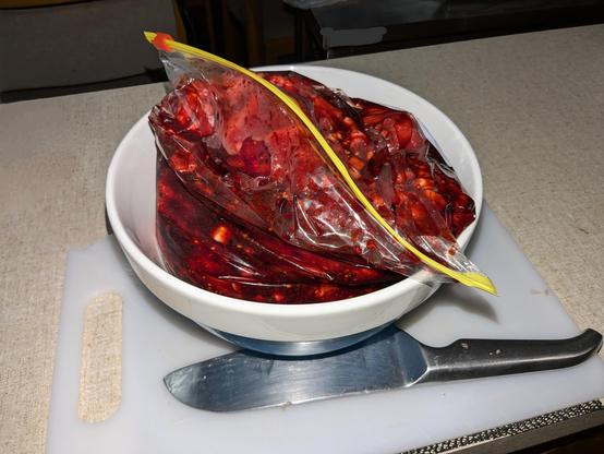 Deconstructed pork shoulder marinating in a bag supported by a ceramic bowl.