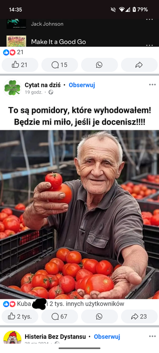 Wygenerowana przez AI grafika starszego rolnika prezentującego zebrane pomidory, napis - to są pomidory które wyhodowałem, będzie mi miło jeśli je docenisz