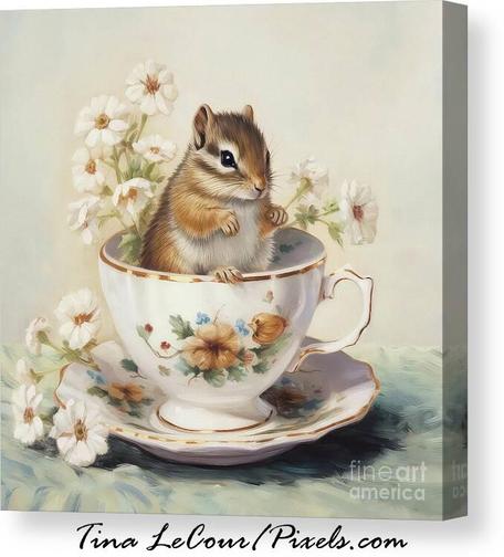 This is a canvas of an adorable chipmunk sitting in a fancy china teacup with little white blossom flowers against a soft white background. 