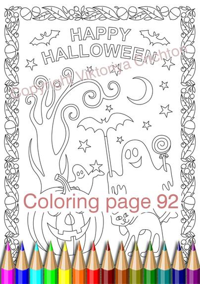 Coloring page 92. Halloween pumpkin with ghosts and cat. For adults and children, digital graphic JPEG and PDF.