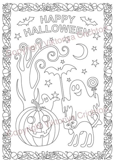 Coloring page 92. Halloween pumpkin with ghosts and cat. For adults and children, digital graphic JPEG and PDF.