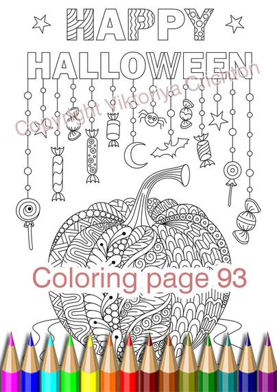 Coloring page 93. Happy Halloween, Holiday Pumpkin with zenart and dangle patterns, digital graphic JPEG and PDF.